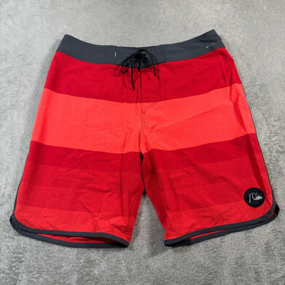 Quiksilver Board Short Mens 34 Red Striped Highline 4-Way Stretch Surf 9" Inseam